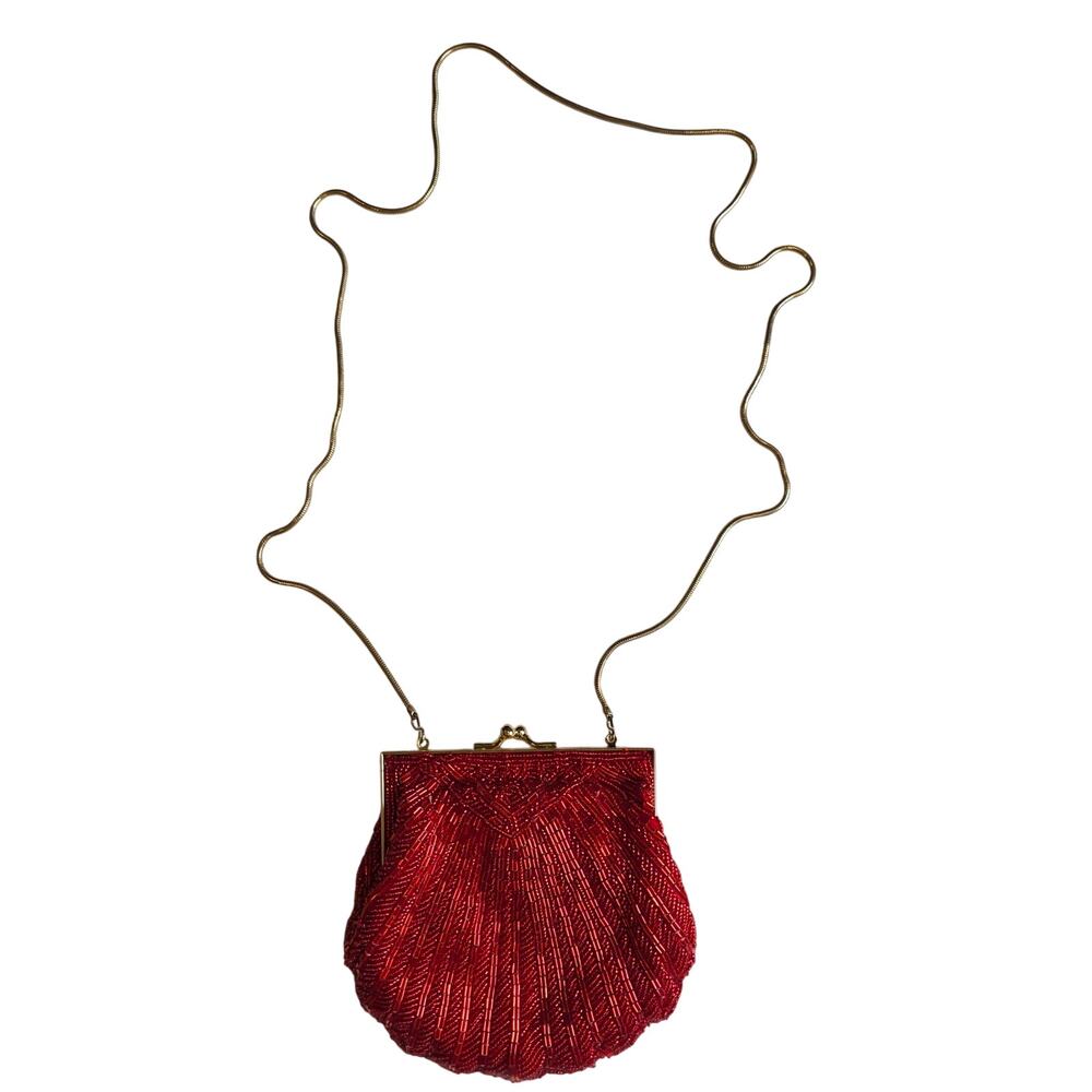 Vintage Red Hand Beaded Coquette Mermaidcore Shell Clutch Purse